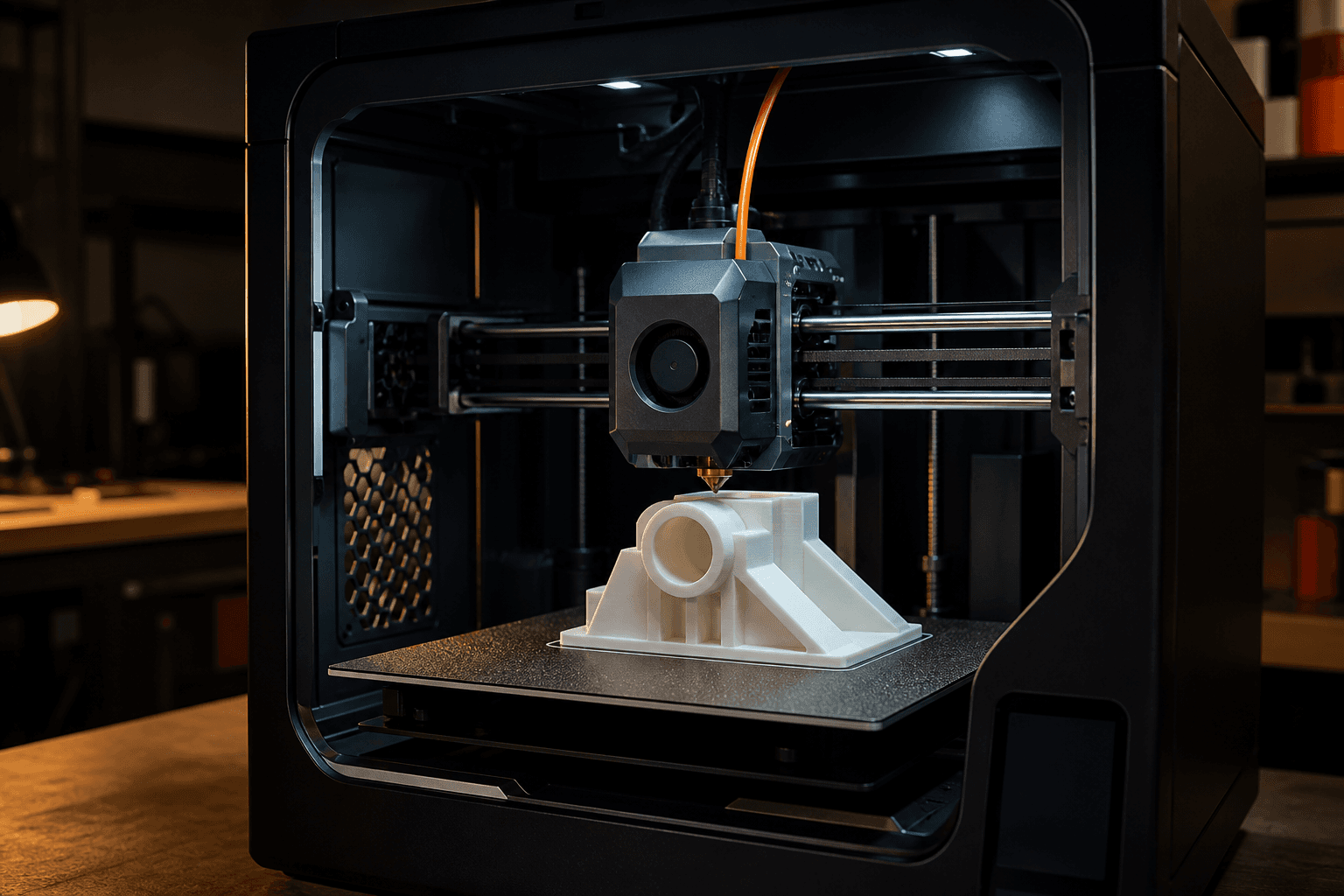 封閉式 3D 打印機正在打印白色結構件